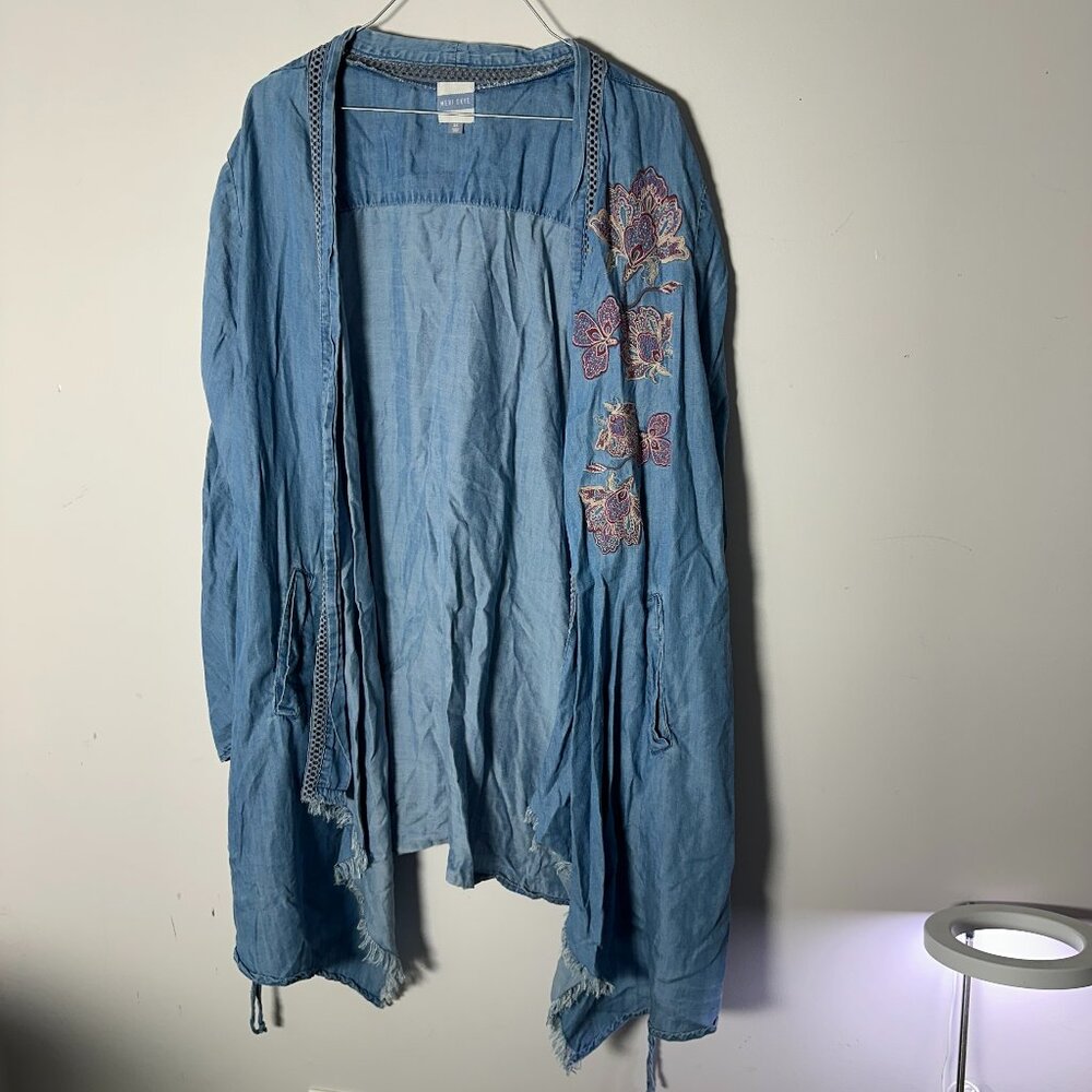 EUC Meri Skye Womens Denim Shrug Floral Blue 2X